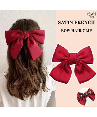 Bow Hair Clip Satin French Bow Hair Clips for Women Solid Bow Hair Clips Hair Barrette with Long Ribbon Silky Hair Bows Big Bowknot Simple Girls Hair Accessories (Black+Red) - Buy Online on GoSupps.com