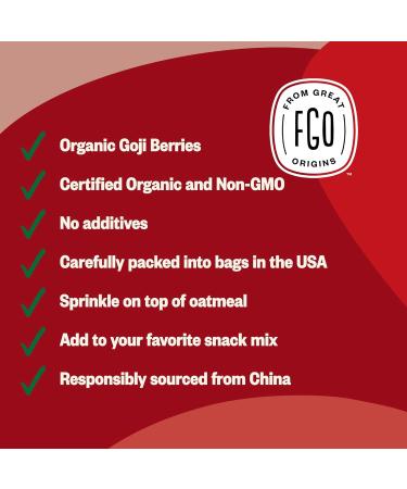 FGO Organic Goji Berries - Large & Chewy - Lab-Tested - 32oz Resealable Bag - 100% Raw from Ningxia - 2lb Pack - Buy Online on GoSupps.com