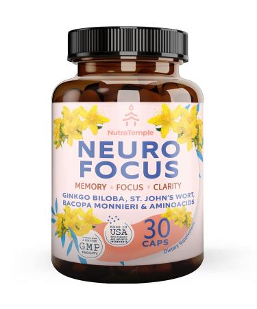 NUTRATEMPLE Brain Booster Gingko Biloba Supplement - Nootropics for Mind Focus Memory Clarity with Bacopa Monnieri St. Johns Wort - 30 Brain Food Capsules