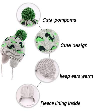 LANGZHEN Toddler Winter Hat Earflap Knit Cap for Baby Boys Girls 6-12 Months - Grey-Green Dinosaur - Buy Online on GoSupps.com