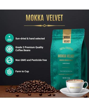 Mokka Velvet Ethiopian Coffee - Dark Roast 100% Ethiopian Harar Arabica Ground Single-Origin Organically grown Full-Bodied Flavor Roasted in Canada Perfect for French Press Drip machine Espresso Reuseable bag 454g - Buy Online on GoSupps.com