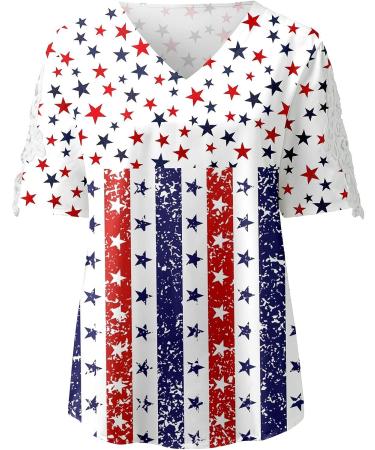 4th of July Women's Patriotic T-Shirt V-Neck Short Sleeve Blouse - USA American Flag Loose Fit Tee in Blue (Medium) - Buy Online on GoSupps.com