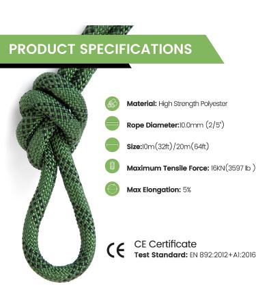 VOXLOVA Rock Climbing Rope  Outdoor Static Climbing Rope  10mm High Strength Safety Rope  Hiking Tree Climbing Fire Escape Rappelling Rope  Fire Rescue Rope 10M(32ft) 20M(65ft) Army Green 32ft - Buy Online on GoSupps.com