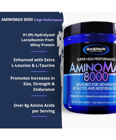 Buy Gaspari Nutrition AminoMax 8000 - Advanced Amino Acids for Muscle Recovery Growth & Endurance | Creatine Leucine Taurine BCAAs | 325 Tablets - International Shipping Available - Buy Online on GoSupps.com