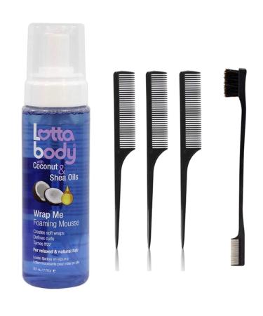 Lotta Body Wrap Me Foaming Mousse with Coconut and Shea Oil  7 Ounce (Including Double Sided Edge Control Hair Brush & 3 pc Rat Tail Comb Set) Lottabody Foam Mousse & Hair Styling Tools Kit