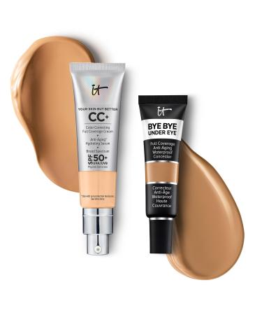IT Cosmetics CC+ Cream with SPF 50+ Natural Finish Full Coverage Foundation (Tan Warm - 1.08 fl oz) & Bye Bye Undereye Concealer Anti-Aging Makeup (33.5 Tan Natural - 0.4 fl oz)