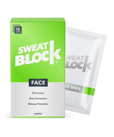 SweatBlock Daily Antiperspirant Face Wipes + Oily Skin Control, Minimize Shine & Protect Makeup. Ideal for Face, Forehead, & Upper Lip - Clinically Tested & Skin-friendly with Vitamin E - Unisex - 15 Wipes
