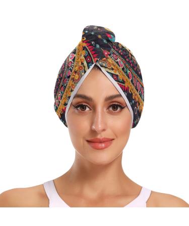 Geometric Ethnic Oriental Pattern Hair Towel 2 Pack Super Absorbent Hair Drying Towel Quick Dry Hair Turbans Head Towel with Button Twisty Wrap for Women Girls