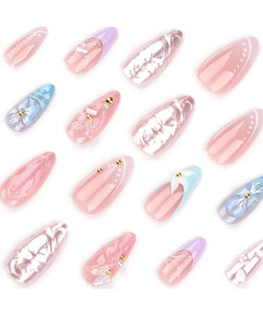 French Tip Press on Nails - 24 Pcs Almond Acrylic Nails with 3D Butterfly & Flower Charms - Glossy Summer Glue on Nails for Women - Buy Online on GoSupps.com