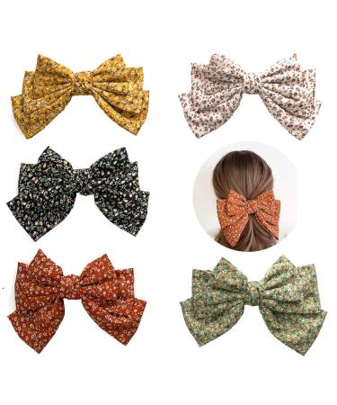 Women Big Bow Clips Chiffon Floral Print Barrettes for Thin Thick Hair Girls Hair Accessories 5 Pcs Set (Flower Print)