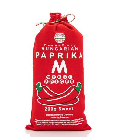 Menol Spices Authentic Hungarian Sweet Paprika Powder (Sweet, 7oz / 200g) Premium Gourmet Quality, Produced in region of Szeged, Hungary, Vibrant Red, Incredible Flavor, Environmentally friendly packaging 7 Ounce (Pack of 1)