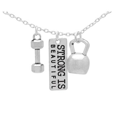 Art Attack Strong Is Beautiful Workout Gym Necklace, Barbell Dumbbell Kettlebell Exercise Pendant Charms
