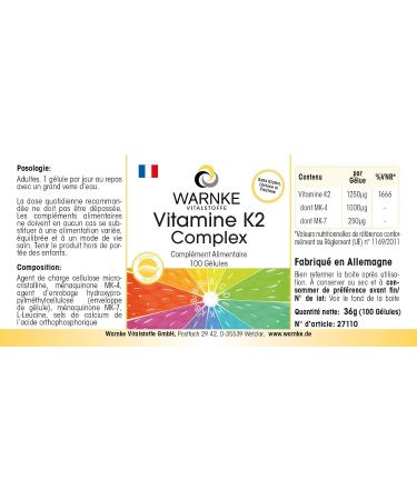 Vegan Vitamin K2 Capsules 1250mcg - MK4 and MK7 - 100 Capsules | Warnke Vitalstoffe - Buy Online on GoSupps.com