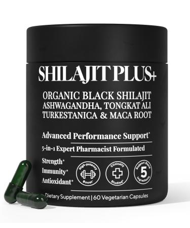 Black SHILAJIT+ for Men 1250mg Ultra Strength Formula with Ashwagandha Tongkat Ali & Turkesterone 80% Fulvic Acid Boosts Energy Vitality Testosterone & Stamina 60 Vegan Capsules