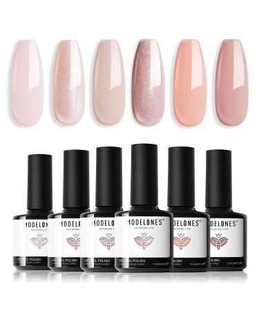 Modelones Gel Nail Polish Set 6 Colors Nude Neutral Gel Polish Skin Tone Cashmere Pink Glitter Nail Polish Bubble Bath Collection Starter Kit Soak Off UV Gel Nail LED Manicure DIY Salon Gifts Neutral Pink