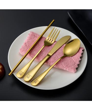 Boulder Bee Camping Utensil Set - Stainless Steel Flatware for Outdoor Picnics - Travel Silverware Set with Case - Includes Knife, Fork, Spoon, Straw, Cleaning Cloth - Gold - Buy Online on GoSupps.com