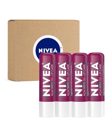 NIVEA Vegan Lip Care Acai Seed Oil and Shea Butter Lip Balm Stick 0.17 Oz Pack of 4
