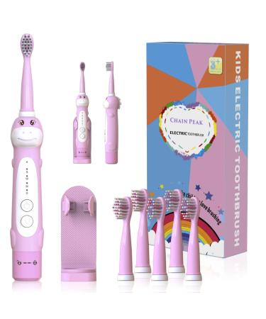 Dinosaur Toothbrush Kids Sonic Electric Toothbrush for Children Toddlers Boys Girls Age 3-12 with 30s Reminder 2 Mins Timer 5 Modes 6 Brush Heads Rechargeable Wall-Mounted Holder 8680 Pink+ 6 Heads+ Holder(package Might Vary)