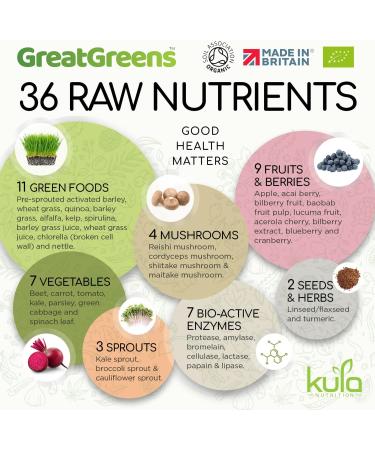 GreatGreens Organic Greens Superfood Powder - 150g - 36 Raw Soil Association Certified Organic Food Form Ingredients - Nutritious Organic Greens Supplement - High Fibre Daily Greens Smoothie Drink - Buy Online on GoSupps.com