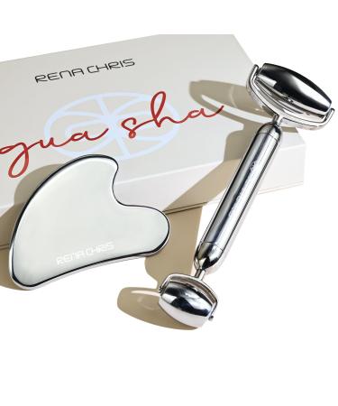 Rena Chris Face Roller Set: with Gua Sha Facial Tools Metal Stainless Steel Guasha Tool Body Skin Care Massager Face Roller for Wrinkles and Lifting