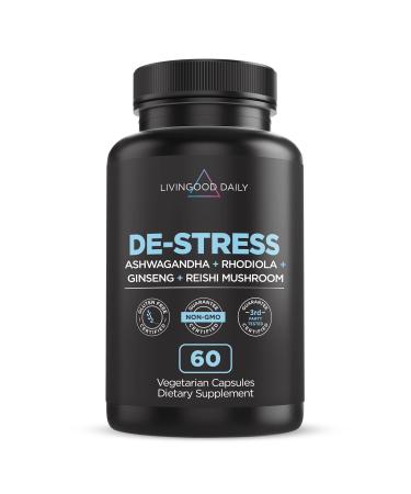 Livingood Daily De-Stress - Natural Cortisol Support - Adaptogens Supplements - Ashwagandha Rhodiola Rosea Reishi Mushroom Ginseng Holy Basil & Horseradish - Vegan 60 Capsules - Buy Online on GoSupps.com