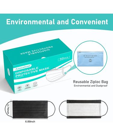 Assacalynn Disposable Face Masks 4 Layers - 2022 Upgrade, 50PCS Black Mask with White Inside - Breathable, Comfortable Flat Elastic Ear Bands - Pack of 50 - Buy Online on GoSupps.com