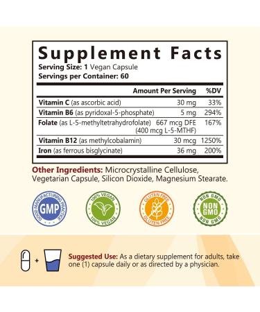 NatureMyst Iron Complex 36mg - Non-Constipating Formula with 4 Bioactive Vitamins - 60 Veggie Capsules - Blood Building, Heart Health, Energy Booster - Non-GMO, Gluten Free - Buy Online on GoSupps.com