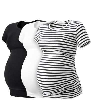 LAPASA Women's Maternity Tops Soft Modal Cotton Pregnancy Tshirts Side Ruched Crew Neck Short Sleeve Tees L55 XL Black+navy Stripe+off White