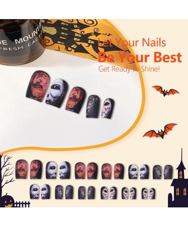 Halloween Press On Nails - Horror Eye Blood Black Glossy Full Cover - Reusable Acrylic Nail Kit 24 Pcs - Buy Online on GoSupps.com
