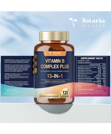 13-in-1 Vitamin B Complex Plus with Vitamin B1, B2, B3 (Niacinamide), B4, B5, B6, B7 (Biotin), B8 (Inositol), B9 (Folate), B12, C, D3, K2 - Energy, Nerve, Immune, Skin Support - 120 Vegan Capsules - Buy Online on GoSupps.com