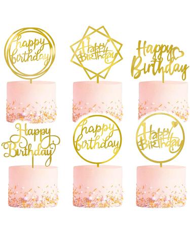 6-Pack Gold Birthday Cake Topper Set, Double-Sided Glitter, Acrylic Happy Birthday Cake Toppers /Cupcake Toppers, Birthday Decorations for Children or Adults. 6Pack-Gold2
