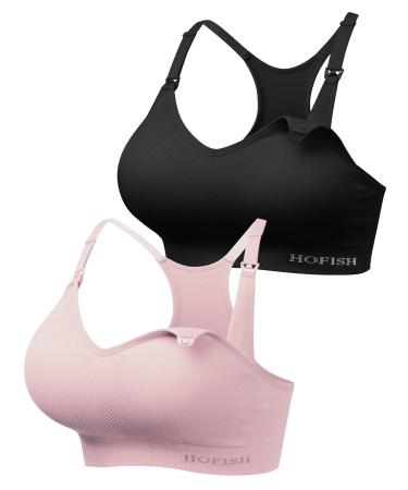 HOFISH Support Nursing Sports Bra Seamless Medium Impact Racerback Nursing Bras Pregnancy Padded Breastfeeding Bra M 2pcs: Black+pink