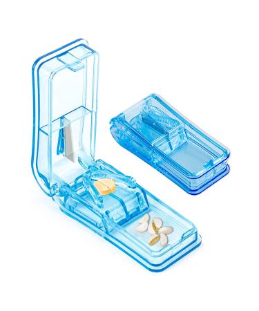 Pill Tablets Cutters for Small or Large Pills Cut in Half Quarter Pill Splitter with Sharp Blade & Pill Storage Compartment (Blue)