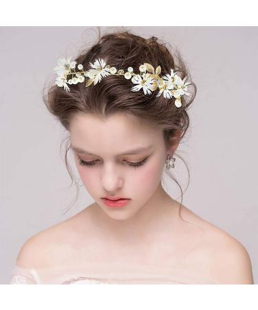 Prosperity flower sting band bride flower wreath with artificial leaves vintage hair comb vine forehead straps Strass flowers and pearl rhinestone flower headband hair band for women girls (golden)