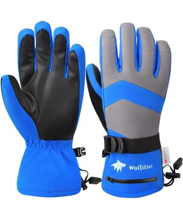 WOLFILIST Ski Gloves Waterproof Windproof - 3M Thinsulate Insulated Warm Snow Gloves, Snowboard Gloves with Zipper Pocket, Touchscreen Winter Gloves for Men Women Large Blue