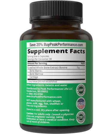 Grass Fed Bone Marrow Supplement - 180 Capsules by Peak Performance | Rich in Collagen, Vitamins, Amino Acids | Ancestral Superfood Pills from Bone Matrix, Marrow, Cartilage - Buy Online on GoSupps.com