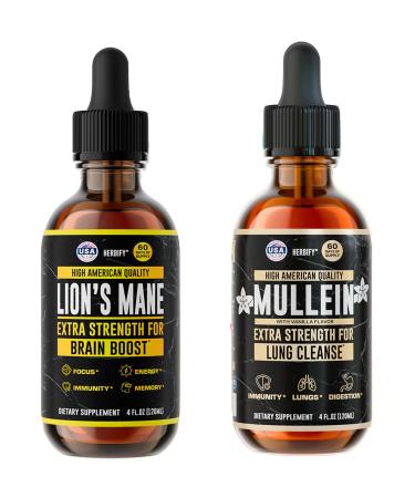 HERBIFY Bundle - Lions Mane & Mullein Vanilla 4 Fl Oz Drops - Supplement for Memory Focus & Clarity & Immune Support Lung Cleanse and Bronchial Support