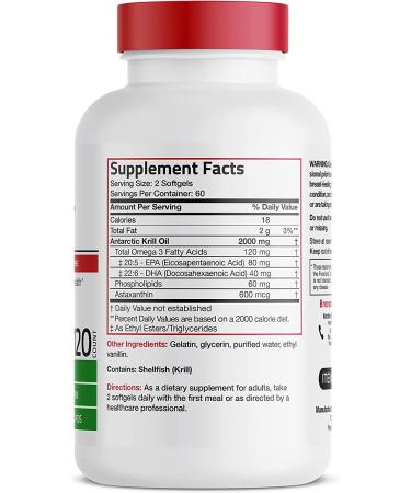 Bronson Antarctic Krill Oil 2000mg with Omega-3s EPA, DHA, Astaxanthin - 120 Softgels (60 Servings) - Buy Online on GoSupps.com