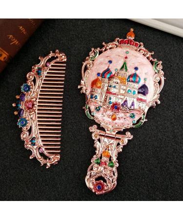 BYVUTE Vintage Handheld Mirror Set with Comb - Antique Princess Castle Vanity Mirror and Embossed Hair Brush Gift for Women and Girls - Buy Online on GoSupps.com
