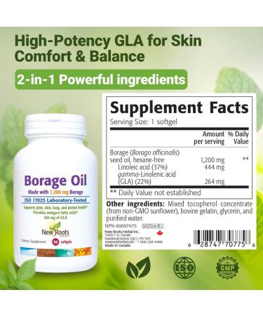 NEW ROOTS HERBAL Borage Oil Supplement 1200 mg | GLA Supplement (264mg) with Linoleic Acid (444mg) | Borage Seed Oil Cold-Pressed 100% Hexane-Free for Skin & Hair (90 softgels) Borage Oil 90CT 1200Mg - Buy Online on GoSupps.com