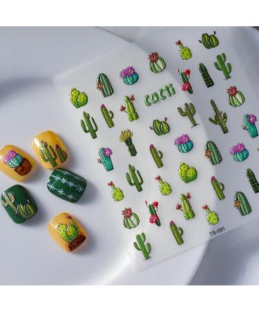 Summer Cactus Nail Art Stickers 5D Embossed Tropical Cactus Nail Decals Cute Cactus Nails Adhesive Stickers Nail Art Supplies Cactus Stickers for Nails Women DIY Manicure Decorations Style-cactus