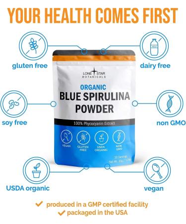 Organic Blue Spirulina Powder - 100% Pure Superfood for Smoothies & Protein Drinks - Non GMO, Gluten-Free, Dairy-Free, Vegan - USDA Certified - 30 Servings - Buy Online on GoSupps.com