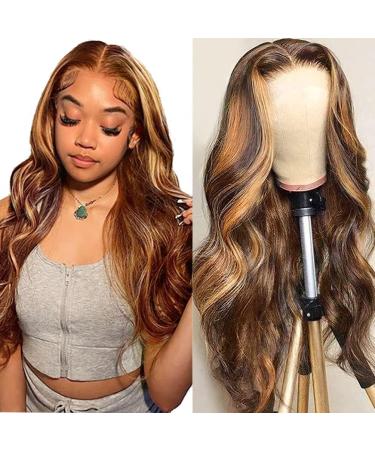 Highlight Ombre Lace Front Wig Human Hair Pre Plucked 4/27 Brown Honey Blonde Body Wave Lace Frontal Glueless Wigs Human Hair for Black Women 13x4 Hd Transparent Lace Front Colored Wig 150% Density 24 Inch 24 Inch highli...