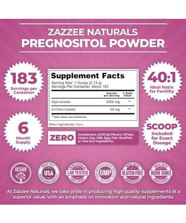 Zazzee PREGNOSITOL Powder - 6 Month Supply - Myo-Inositol and D-Chiro-Inositol Fertility Blend - Vegan and Non-GMO - 183 Servings - Buy Online on GoSupps.com