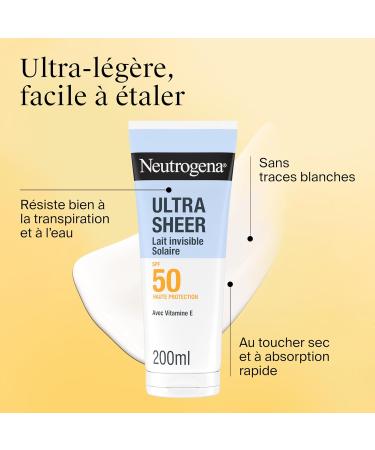 Neutrogena Lait Solaire Invisible Ultra Sheer SPF 50 UVB + UVA (200 mL) Cr me solaire visage et corps antioxydante Sec au toucher absorption rapide r siste bien la transpiration et l eau - Buy Online on GoSupps.com
