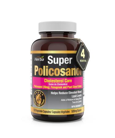 Herba Policosanol 20mg with Plant Sterols and Fenugreek - 120 Vegetable Capsules | Cholesterol Supplement to Lowering and Supporting Healthy Cholesterol Levels and Heart Health | Made in Canada