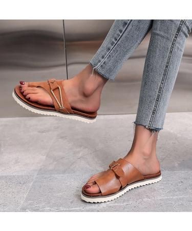 Evzosrz Women's Orthopedic Ring Toe Sandals - Brown, Size 9 | Casual Summer Beach Retro Orthotic Slides - Buy Online on GoSupps.com