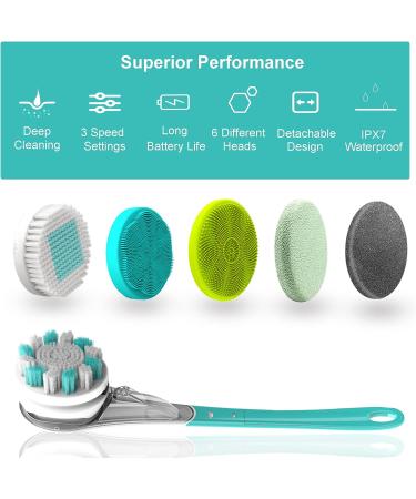 Electric Body Brush - TRENION Multifunctional Exfoliating Spin Scrubber with 6 Brush Heads | Rechargeable Long Handle Body Scrubber for Shower Bathing and Deep Cleansing - Blue - Buy Online on GoSupps.com