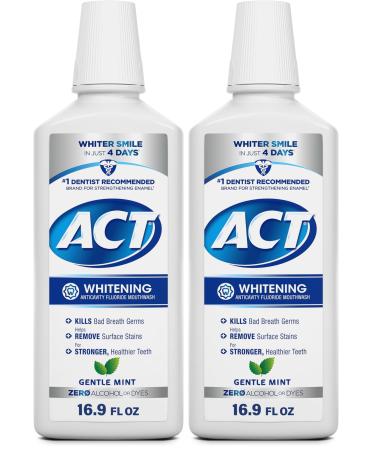 ACT Whitening + Anticavity Fluoride Mouthwash 16.9 fl. oz. with Zero Alcohol, Dye Free, Gentle Mint (Pack of 2) Mouthwash 16.9 Fl Oz (Pack of 2)