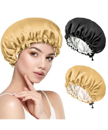 Kiiwah 2 pieces satin bonnet sleeping hood silk double layer sleeper hood for sleeping silk bonnet sleep cap adjustable satin hair hood for girls lady protect the hair black gold - Buy Online on GoSupps.com